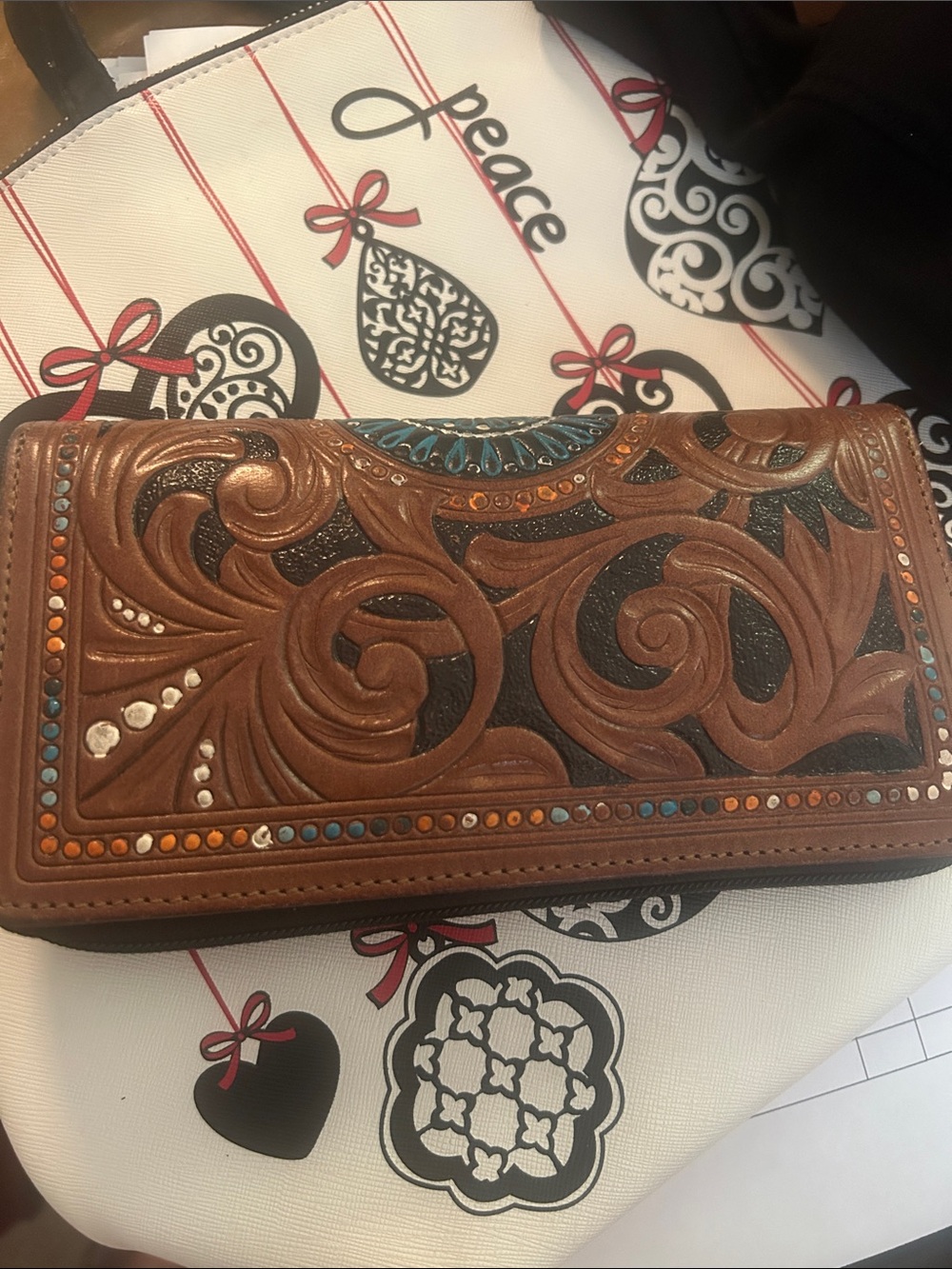 Hand-Tooled Brown Leather Wallet with Multicolor Stud Accents VGUC